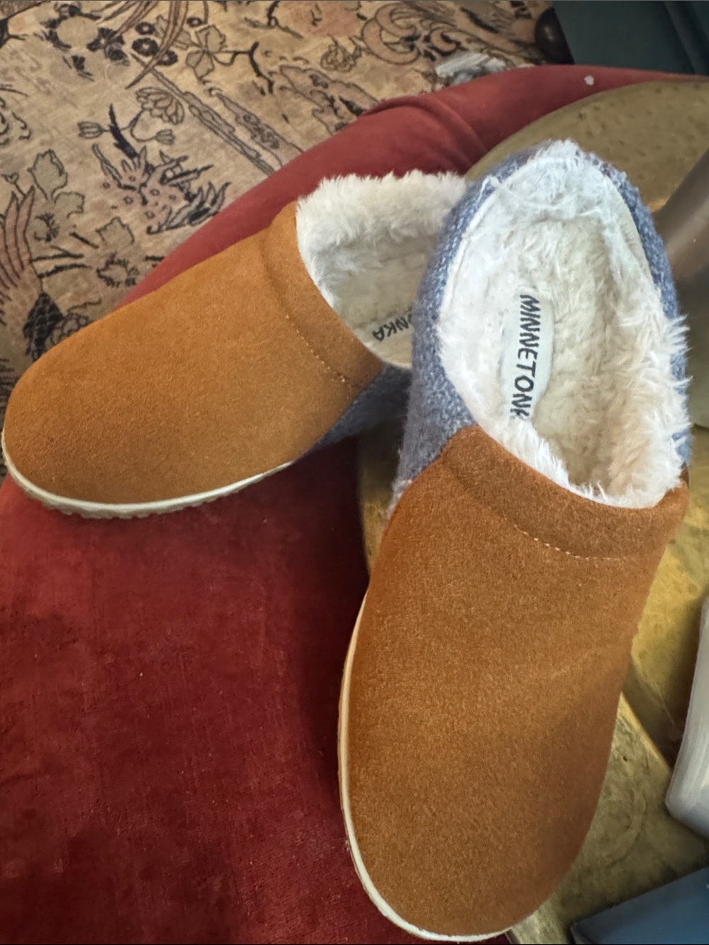 Minnetonka Chestnut and Gray Suede Fleece-Lined Slip-Ons